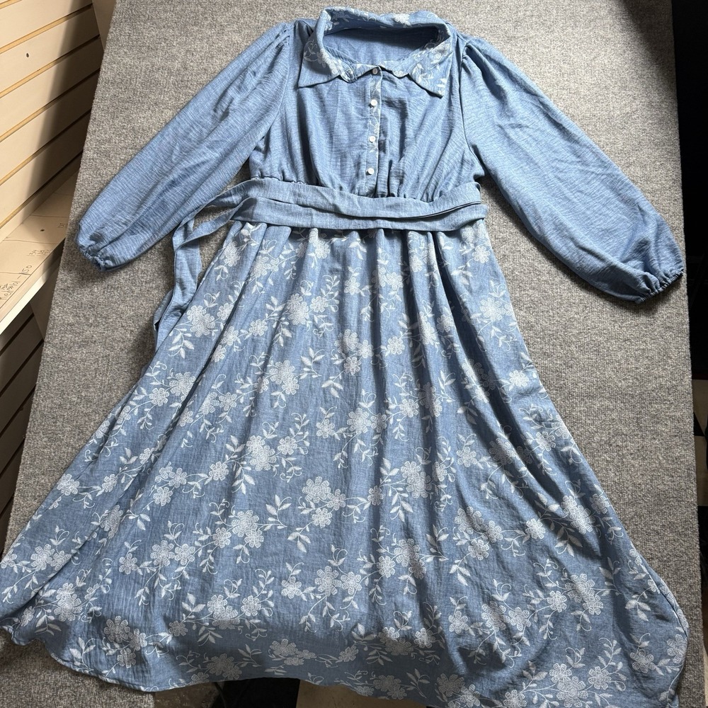 Womens Blue Floral Maxi Dress Long Sleeve Belted Cottagecore Prairie Boho 4X